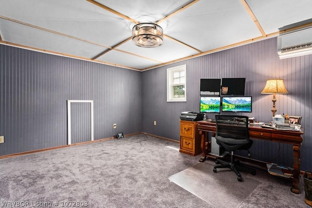 carpeted home office featuring a wall mounted air conditioner