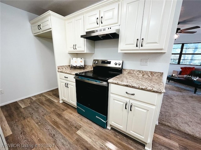 kitchen featuring stainless steel electric range, white cabinetry, ceiling fan, and dark hardwood / wood-style floors