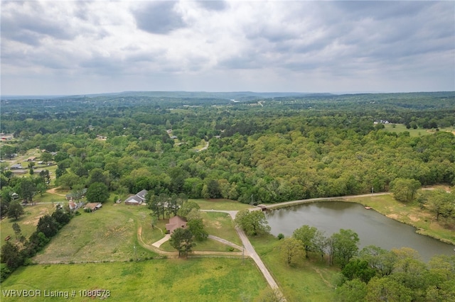 drone / aerial view featuring a wooded view and a water view