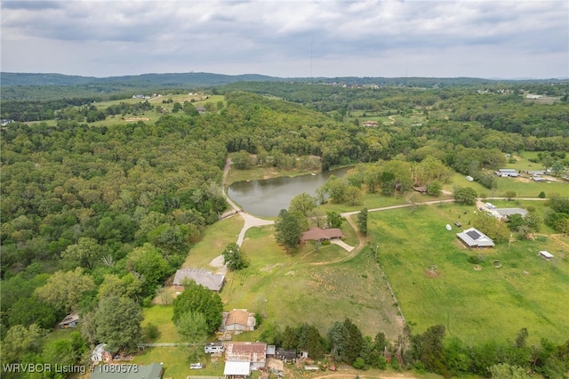 birds eye view of property with a water view and a view of trees