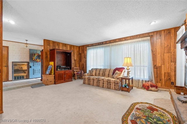 living area featuring wooden walls, a textured ceiling, and carpet floors