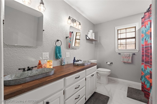 bathroom featuring vanity, curtained shower, and toilet