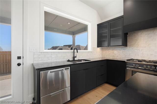 kitchen with backsplash, light wood-type flooring, stainless steel appliances, sink, and range hood