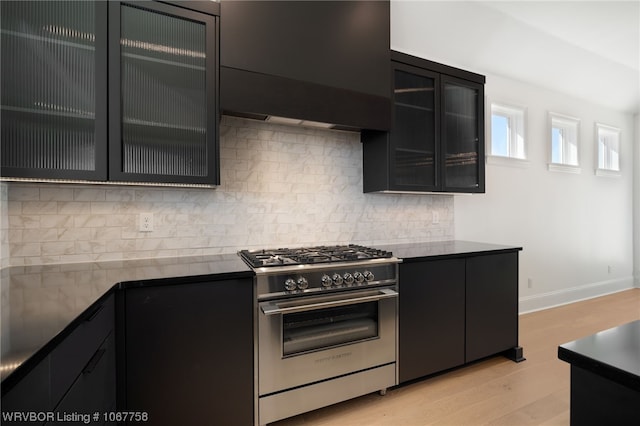 kitchen featuring decorative backsplash, light hardwood / wood-style floors, and high end stainless steel range