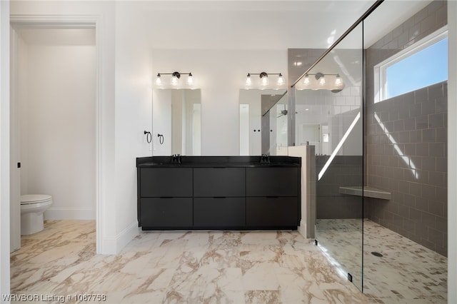 bathroom with vanity, toilet, and tiled shower