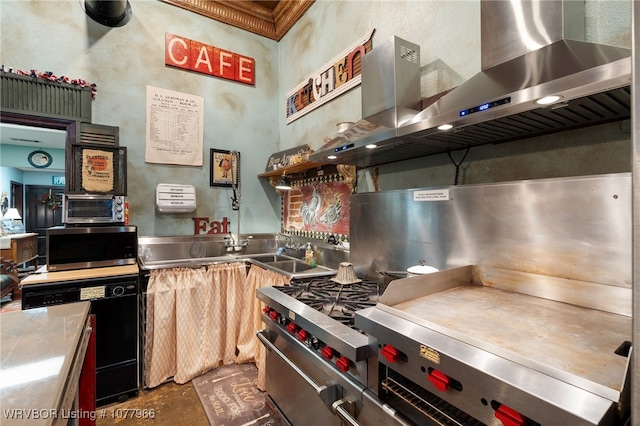 kitchen featuring wall chimney exhaust hood, stainless steel counters, and sink