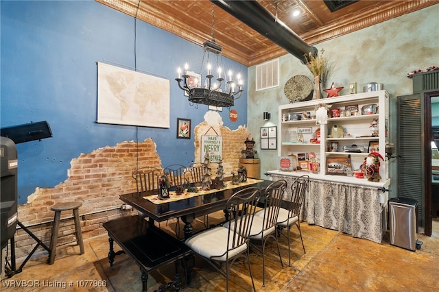 dining room with beamed ceiling, a towering ceiling, and an inviting chandelier