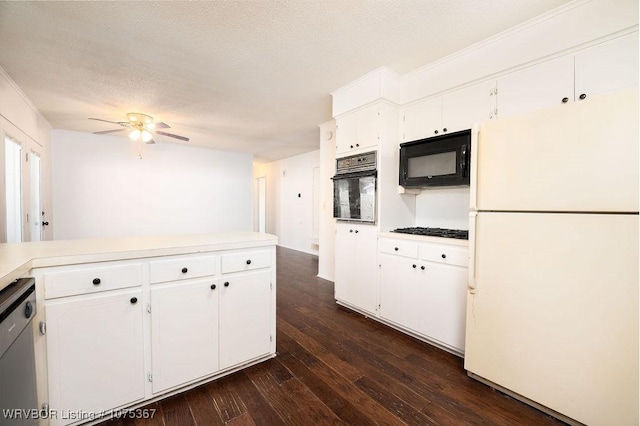 kitchen featuring black appliances, ceiling fan, a textured ceiling, dark hardwood / wood-style flooring, and white cabinetry