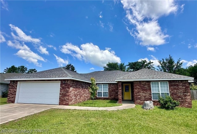 106 E Dora Ln, Poteau, OK 74953 - ranch-style house with an attached garage, driveway, a front yard, and brick siding