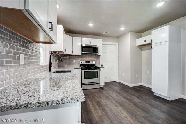 3614 Blair Ave, Fort Smith, AR 70903 - kitchen with stainless steel appliances, a sink, light stone counters, dark wood finished floors, and tasteful backsplash