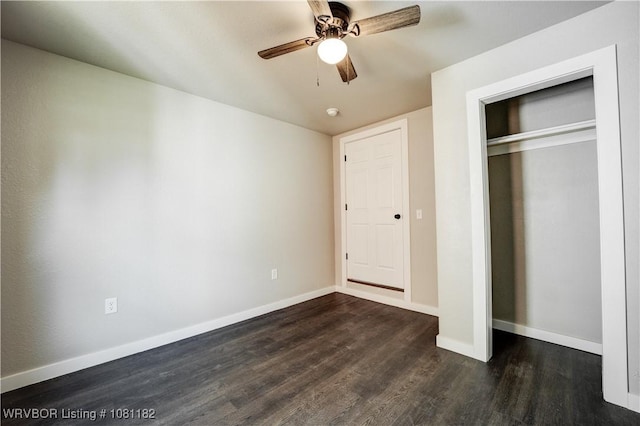 3614 Blair Ave, Fort Smith, AR 70903 - unfurnished bedroom featuring dark wood-style floors, baseboards, a closet, and ceiling fan