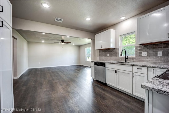 3614 Blair Ave, Fort Smith, AR 70903 - kitchen with dishwasher, a sink, a ceiling fan, backsplash, and recessed lighting
