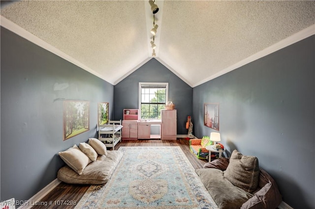 interior space featuring hardwood / wood-style floors, a textured ceiling, track lighting, and lofted ceiling