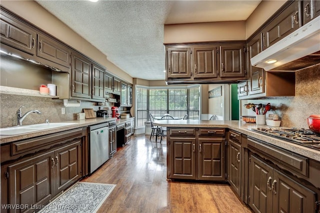 kitchen featuring sink, stainless steel appliances, light hardwood / wood-style flooring, backsplash, and dark brown cabinets