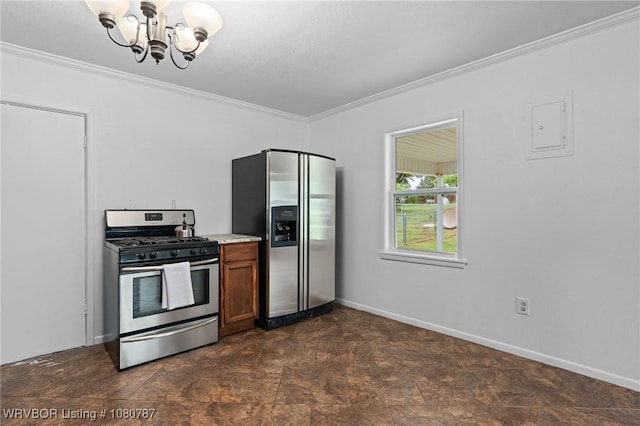 kitchen featuring an inviting chandelier, brown cabinets, crown molding, light countertops, and appliances with stainless steel finishes