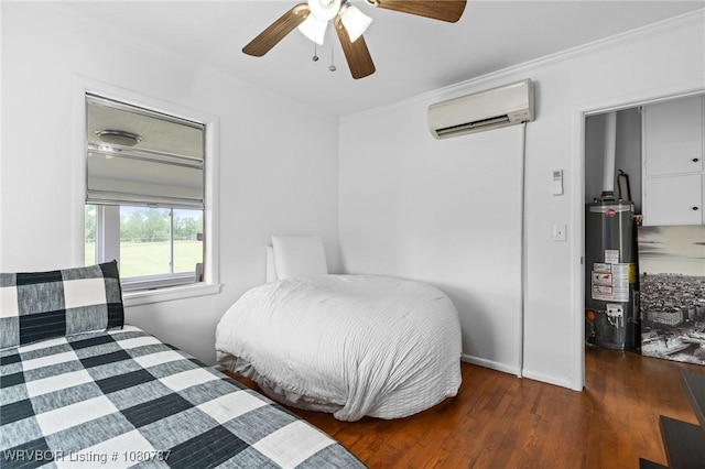 bedroom featuring wood finished floors, water heater, crown molding, a wall unit AC, and baseboards