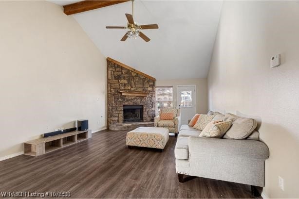 living room with high vaulted ceiling, a fireplace, beamed ceiling, dark hardwood / wood-style flooring, and ceiling fan