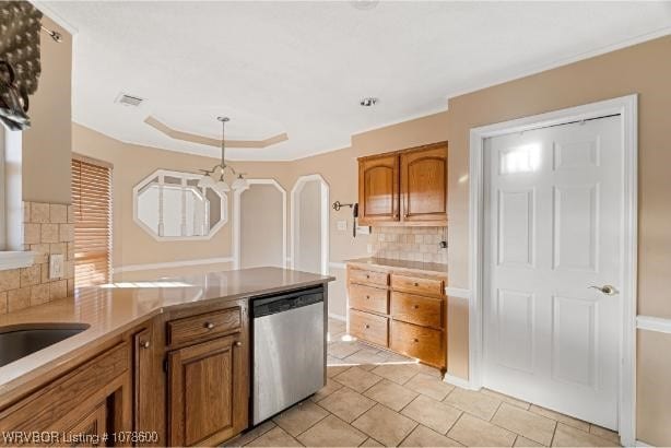 kitchen featuring light tile patterned flooring, tasteful backsplash, hanging light fixtures, dishwasher, and a notable chandelier