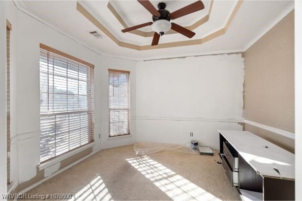 carpeted spare room featuring a raised ceiling, crown molding, and ceiling fan