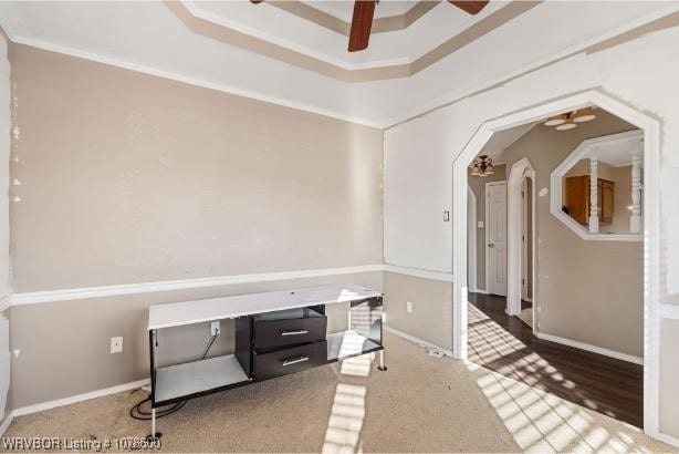 interior space with a raised ceiling, crown molding, and ceiling fan