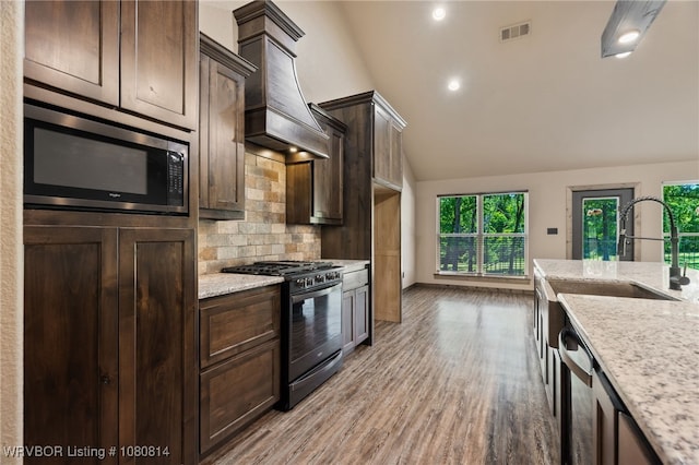 kitchen with dark brown cabinets, a healthy amount of sunlight, custom exhaust hood, and appliances with stainless steel finishes