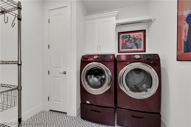 9100 Kirkwood Rd, Fort Smith, AR 72916 - washroom with washer and dryer, tile patterned floors, cabinet space, and baseboards