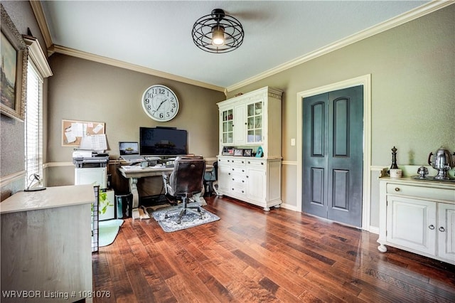 office featuring dark wood-style flooring and ornamental molding