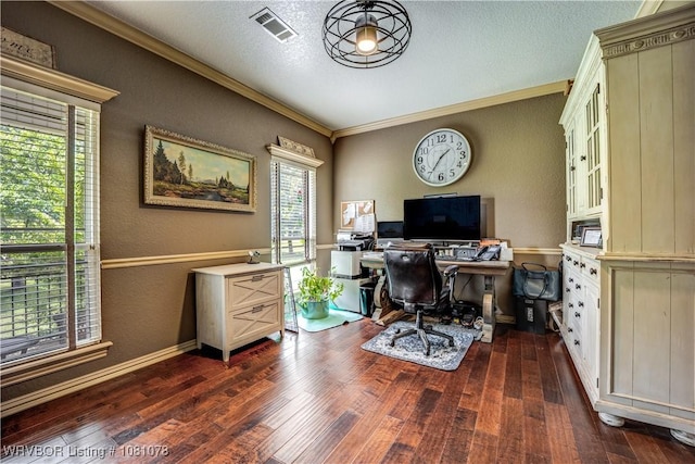 home office featuring dark wood-style floors, ornamental molding, a textured ceiling, and baseboards