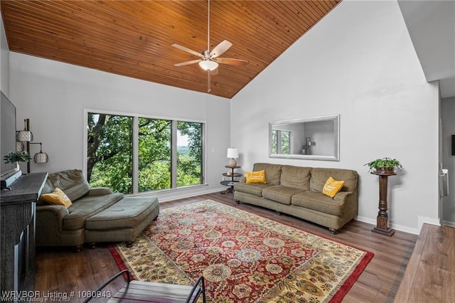 10301 Stoneleige St, Fort Smith, AR 72908 - living room featuring ceiling fan, high vaulted ceiling, wooden ceiling, wood finished floors, and baseboards