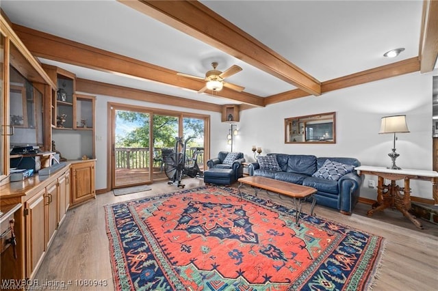 10301 Stoneleige St, Fort Smith, AR 72908 - living room with light wood finished floors, ceiling fan, beam ceiling, and baseboards