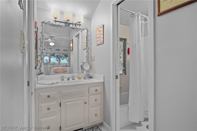 10301 Stoneleige St, Fort Smith, AR 72908 - bathroom featuring vanity, shower / tub combo, baseboards, tile patterned floors, and a ceiling fan