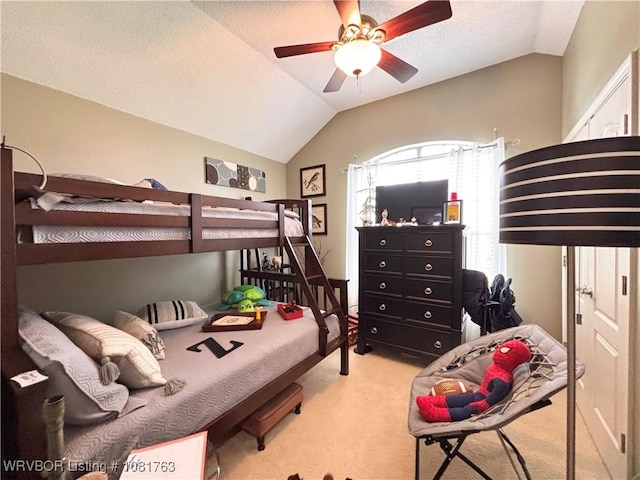 2420 Keystone Cir, Mulberry, AR 73947 - bedroom with carpet flooring, vaulted ceiling, a textured ceiling, and ceiling fan