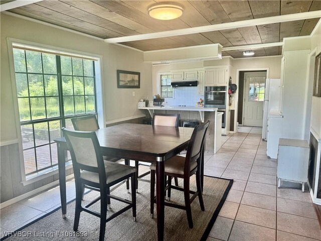 4018 Blue Hole Rd, Rudy, AR 72952 - dining area with wooden ceiling, healthy amount of natural light, and light tile patterned floors