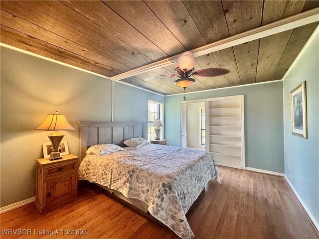 4018 Blue Hole Rd, Rudy, AR 72952 - bedroom featuring wooden ceiling, wood finished floors, crown molding, and a ceiling fan