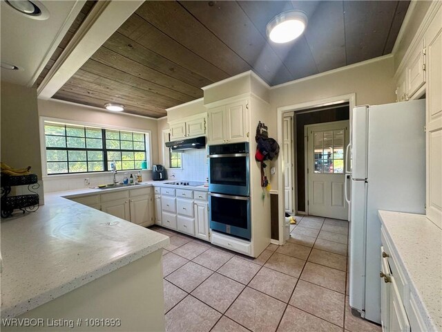 4018 Blue Hole Rd, Rudy, AR 72952 - kitchen with double oven, wooden ceiling, freestanding refrigerator, electric cooktop, and light tile patterned floors