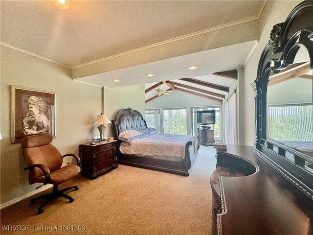 4018 Blue Hole Rd, Rudy, AR 72952 - bedroom with carpet, vaulted ceiling, a textured ceiling, and ornamental molding
