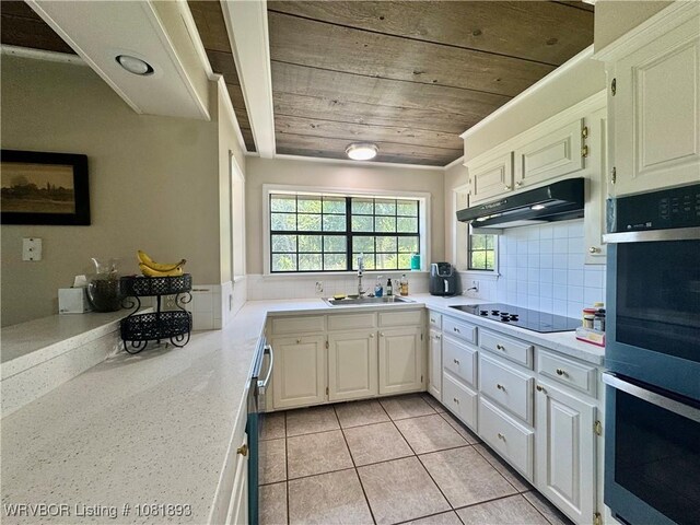 4018 Blue Hole Rd, Rudy, AR 72952 - kitchen featuring under cabinet range hood, black appliances, light countertops, light tile patterned floors, and white cabinetry