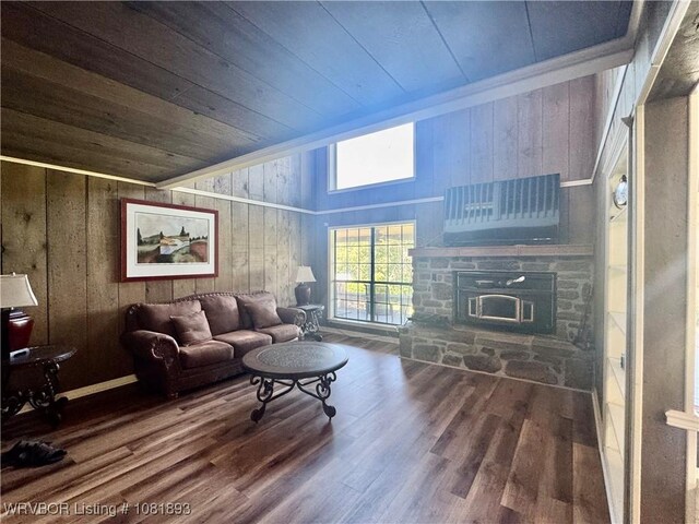 4018 Blue Hole Rd, Rudy, AR 72952 - living area featuring wooden ceiling, wooden walls, wood finished floors, and a stone fireplace