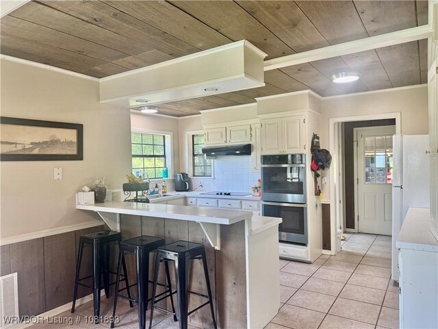 4018 Blue Hole Rd, Rudy, AR 72952 - kitchen featuring wood ceiling, double oven, a peninsula, under cabinet range hood, and light countertops