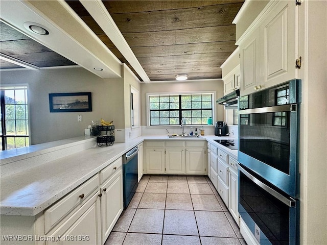 4018 Blue Hole Rd, Rudy, AR 72952 - kitchen with double oven, dishwashing machine, a peninsula, plenty of natural light, and wooden ceiling