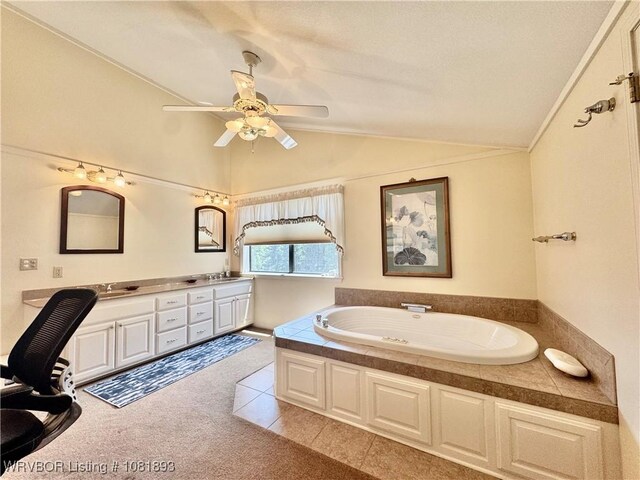 4018 Blue Hole Rd, Rudy, AR 72952 - bathroom with vaulted ceiling, double vanity, a bath, and ceiling fan