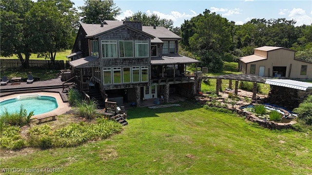 4018 Blue Hole Rd, Rudy, AR 72952 - rear view of house featuring a wooden deck, stairs, a chimney, and a shingled roof