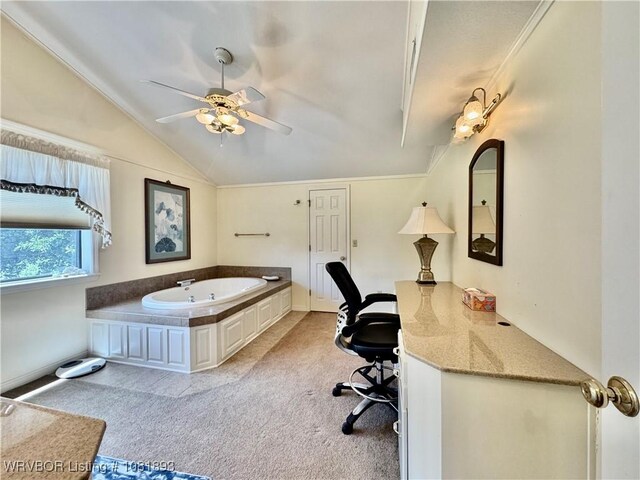 4018 Blue Hole Rd, Rudy, AR 72952 - bathroom with a garden tub, vaulted ceiling, and ceiling fan