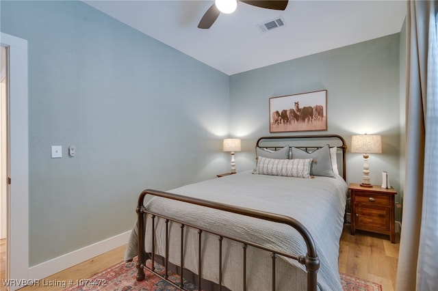 bedroom with hardwood / wood-style floors and ceiling fan