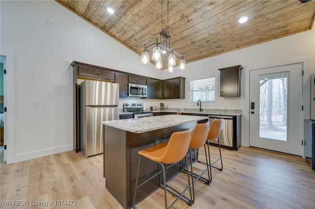 kitchen featuring a center island, wooden ceiling, decorative light fixtures, appliances with stainless steel finishes, and light wood-type flooring