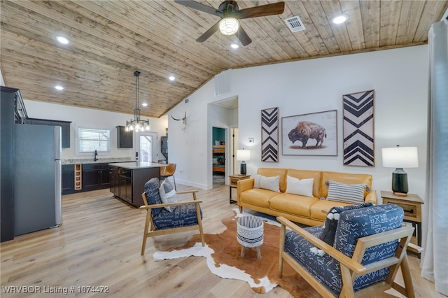 living room with lofted ceiling, wood ceiling, ceiling fan with notable chandelier, and light hardwood / wood-style flooring