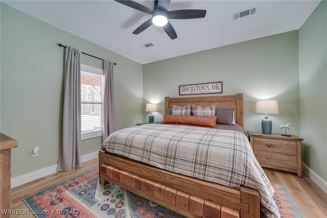 bedroom featuring ceiling fan and light hardwood / wood-style flooring