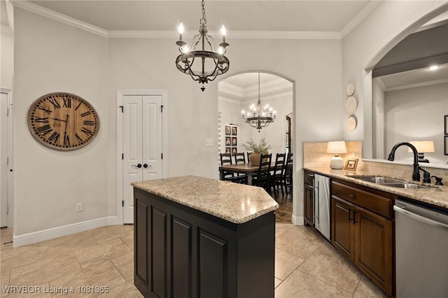 8404 Gatehouse Way, Fort Smith, AR 72916 - kitchen with stainless steel dishwasher, a sink, a chandelier, arched walkways, and crown molding