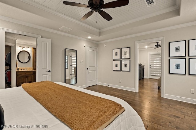 8404 Gatehouse Way, Fort Smith, AR 72916 - bedroom with a tray ceiling, dark wood finished floors, baseboards, ornamental molding, and ensuite bathroom