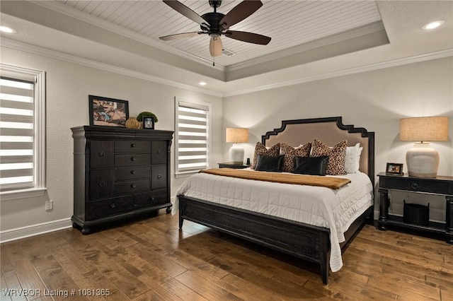 8404 Gatehouse Way, Fort Smith, AR 72916 - bedroom with a raised ceiling, wood-type flooring, baseboards, crown molding, and wood ceiling